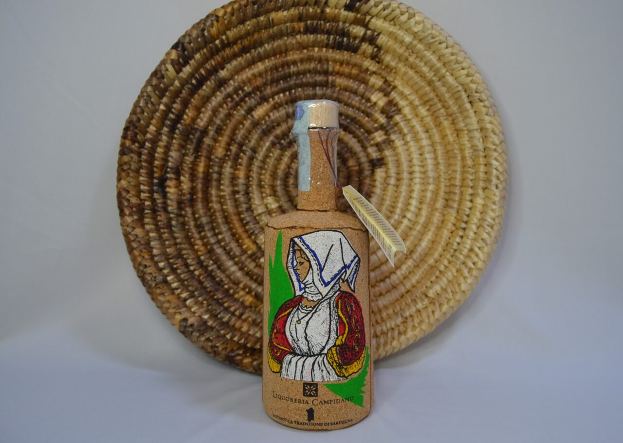 Mirto De Domu Liquore di bacche di mirto sardo con bottiglia rivestita col sughero con stampa