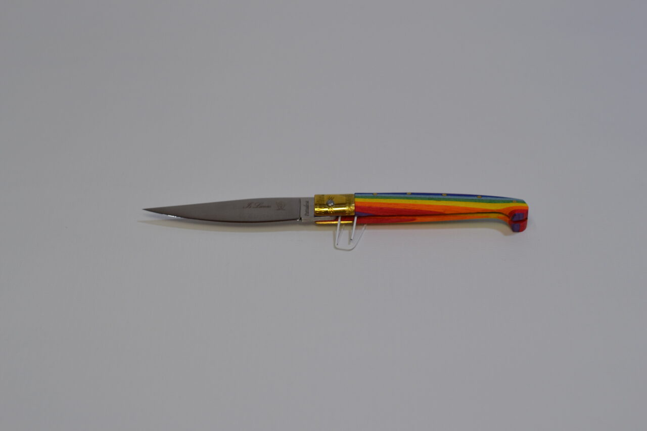 Coltello tipologia pattadesa con manico in legno di colore arcobaleno e lama in acciaio da 8 cm – Is Lunas